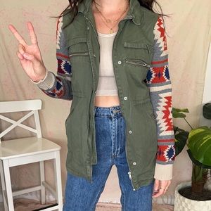 Quinn Army Green Military Style Jacket | Southwest Style Knit Sleeves